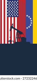 Fondo de pumpjack de plataforma petrolera. Industria petrolera estadounidense y venezolana. bandera de los Estados Unidos de América y bandera de Venezuela
