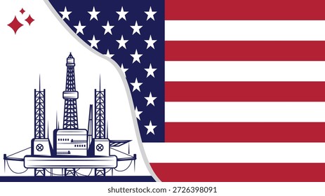 Fondo de pumpjack de plataforma petrolera. Industria petrolera americana. Bandera de los Estados Unidos de América. Petróleo crudo