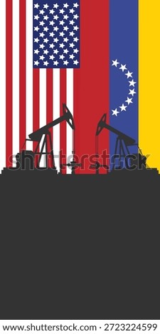 Oil rig pumpjack background. American and Venezuelan petroleum industry. united states of america flag and venezuela flag