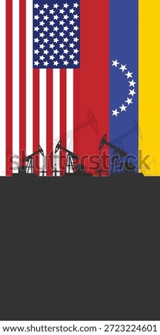 Oil rig pumpjack background. American and Venezuelan petroleum industry. united states of america flag and venezuela flag