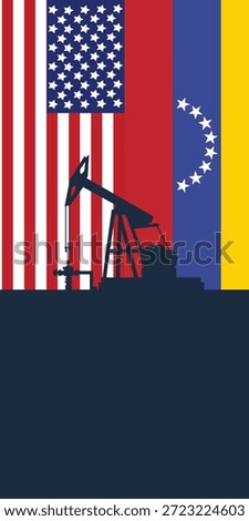 Oil rig pumpjack background. American and Venezuelan petroleum industry. united states of america flag and venezuela flag
