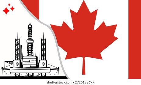 Plano de fundo de abóbada da plataforma de óleo. A indústria petrolífera canadense. Bandeira canadense
