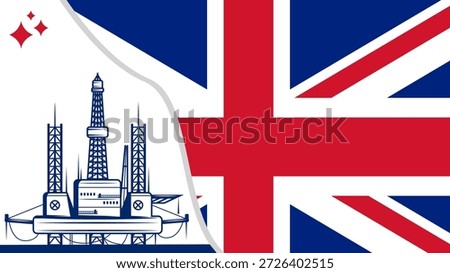 Oil rig pumpjack background. England or UK petroleum industry. United Kingdom flag. Crude oil