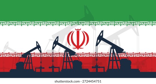 Plano de fundo de abóbada da plataforma de óleo. Indústria petrolífera iraniana. Bandeira da República Islâmica do Irã. Petróleo bruto