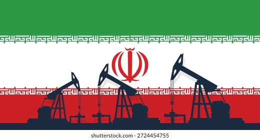 Plano de fundo de abóbada da plataforma de óleo. Indústria petrolífera iraniana. Bandeira da República Islâmica do Irã. Petróleo bruto