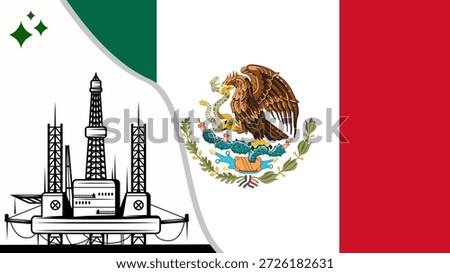 Oil rig pumpjack background. The Mexican petroleum industry. Mexican flag