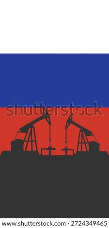 Oil rig pumpjack background. Russia petroleum industry. Russian Federation flag. Crude oil