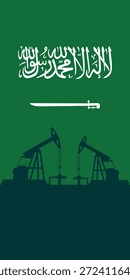 Plano de fundo de abóbada da plataforma de óleo. Indústria petrolífera da Arábia Saudita. Bandeira do Reino da Arábia Saudita. Petróleo bruto
