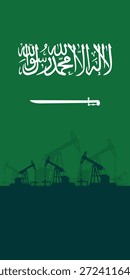 Plano de fundo de abóbada da plataforma de óleo. Indústria petrolífera da Arábia Saudita. Bandeira do Reino da Arábia Saudita. Petróleo bruto