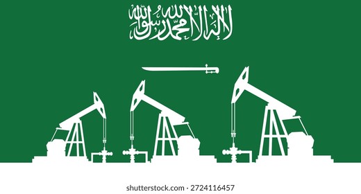 Plano de fundo de abóbada da plataforma de óleo. Indústria petrolífera da Arábia Saudita. Bandeira do Reino da Arábia Saudita. Petróleo bruto
