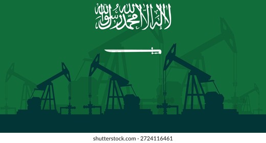 Ölplattform Kürbis Hintergrund. Saudi-Arabien Erdölindustrie. Flagge des Königreichs Saudi-Arabien. Rohöl