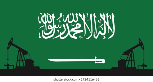 Plano de fundo de abóbada da plataforma de óleo. Indústria petrolífera da Arábia Saudita. Bandeira do Reino da Arábia Saudita. Petróleo bruto