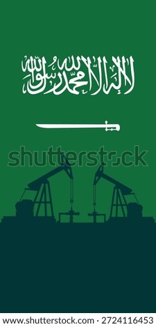 Oil rig pumpjack background. Saudi Arabia petroleum industry. Kingdom of saudi arabia flag. Crude oil