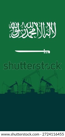Oil rig pumpjack background. Saudi Arabia petroleum industry. Kingdom of saudi arabia flag. Crude oil