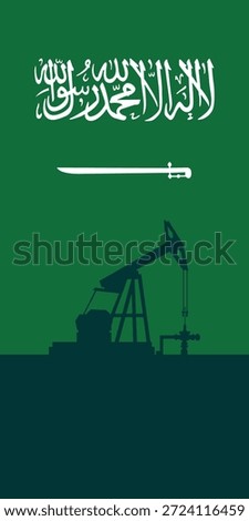 Oil rig pumpjack background. Saudi Arabia petroleum industry. Kingdom of saudi arabia flag. Crude oil