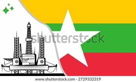 Oil rig pumpjack background.Myanmar petroleum industry.Myanmar flag.Crude oil