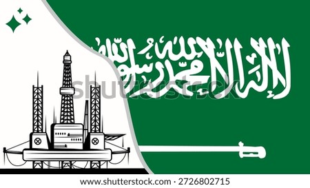 Oil rig pumpjack background.Saudi Arabia petroleum industry.Saudi Arabia flag.Crude oil