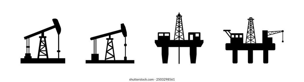 Oil rig sign. Oil drill platform. Crude oil pumping vector set.