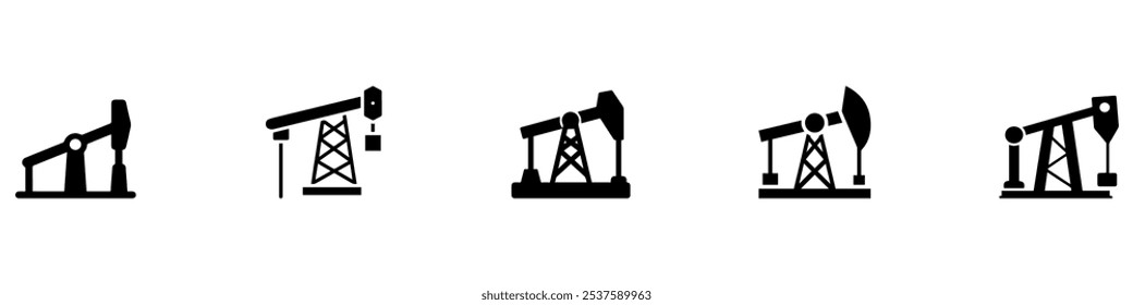 Señal de la plataforma petrolera. Plataforma de perforación de aceite. Conjunto de Vector de icono de Pump Jack. Colección de símbolo de perforación petrolera. Logo de Oil Pumping. Ilustración vectorial. EPS 10