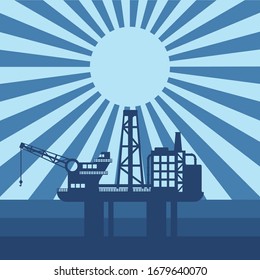 Oil rig silhouette in the ocean with the rising sun on the background.  Oil production process. Fuel production. In blue colors. Flat style.