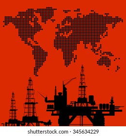 Oil rig silhouette at world map background