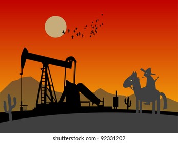 Oil rig silhouettes and lonely rider, vector illustration