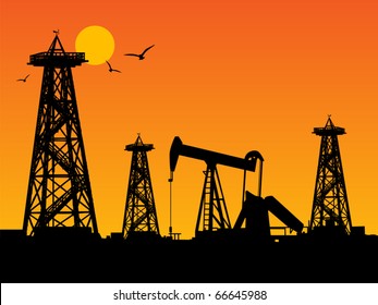 Oil rig silhouettes and orange sky, vector illustration