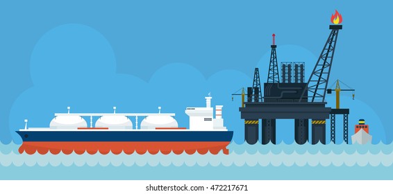 Oil Rig And Tanker Ship Side View, Gas, Petroleum, Fuel, Background