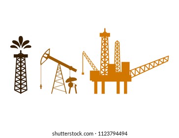 Oil rig, tower, pump, offshore sea platform sillhouetes isolated on white background. Oil drilling industry, fossil fuels. Vector illustration.