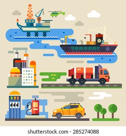 Oil rig, transportation, car refueling. Industry and environment. Color vector flat illustration