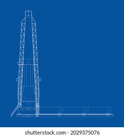 Oil rig. Vector rendering of 3d. Wire-frame style. The layers of visible and invisible lines are separated. Orthography