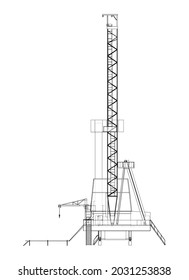 Oil rig. Vector rendering of 3d. Wire-frame style. The layers of visible and invisible lines are separated. Orthography