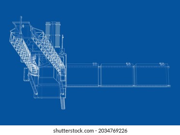 Oil rig. Vector rendering of 3d. Wire-frame style. The layers of visible and invisible lines are separated