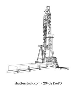 Oil rig. Vector rendering of 3d. Wire-frame style. The layers of visible and invisible lines are separated