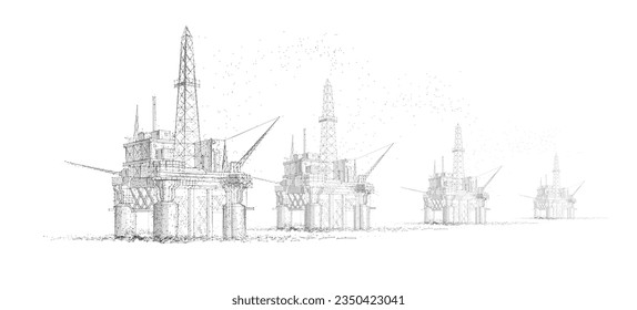 Oil rigs. Abstract 3d floating rig platform isolated on blue. Gas platform, offshore drilling, refinery plant, petroleum industry, energy resource, innovation well drilling, oilfield equipment concept