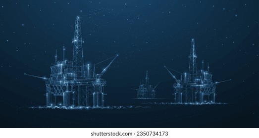 Oil rigs. Abstract 3d floating rig platform isolated on blue. Gas platform, offshore drilling, refinery plant, petroleum industry, energy resource, innovation well drilling, oilfield equipment concept