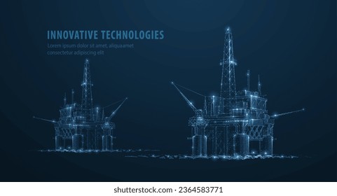 Oil rigs. Abstract 3d floating rig platform isolated on blue. Gas platform, offshore drilling, refinery plant, petroleum industry, energy resource, innovation well drilling, oilfield equipment concept