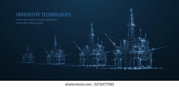 Oil rigs. Abstract 3d floating rig platform isolated on blue. Gas platform, offshore drilling, refinery plant, petroleum industry, energy resource, innovation well drilling, oilfield equipment concept