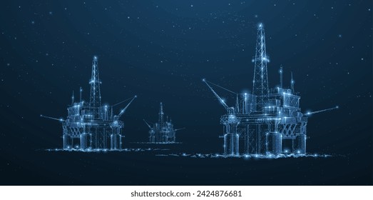 Oil rigs. Abstract 3d floating rig platform isolated on blue. Gas platform, offshore drilling, refinery plant, petroleum industry, energy resource, innovation well drilling, oilfield equipment concept