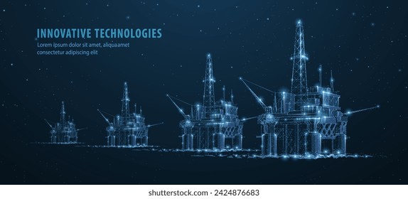 Oil rigs. Abstract 3d floating rig platform isolated on blue. Gas platform, offshore drilling, refinery plant, petroleum industry, energy resource, innovation well drilling, oilfield equipment concept