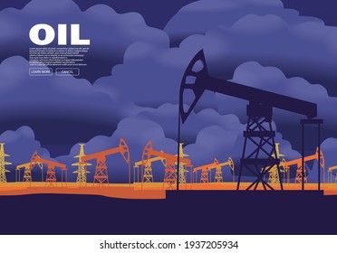 Oil rigs against a cloudy sky. Vector banner