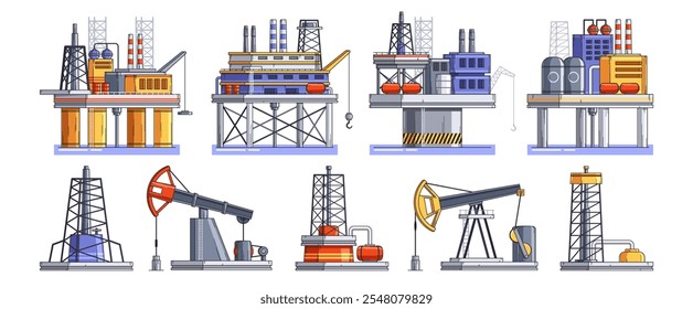 Oil rigs, derricks and gas mining plants land and water platform isolated set on white background