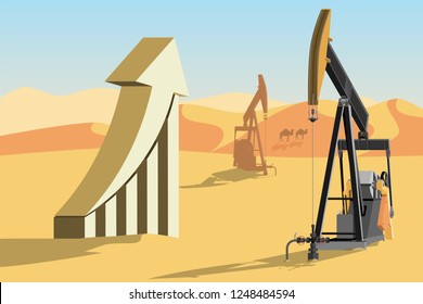 Oil rigs in the desert  and symbol of rising oil prices. Vector illustration EPS 10