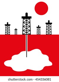 Oil rigs and drills in a red landscape under a red sun extend deep underground to an empty space with room for your text