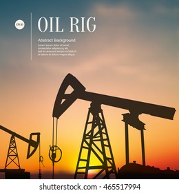 Oil rigs extract oil at sunset. Sketch stylized background