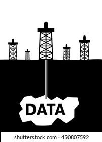 Oil rigs in a landscape drilling down into the earth to pockets of data as a metaphor for data mining for business