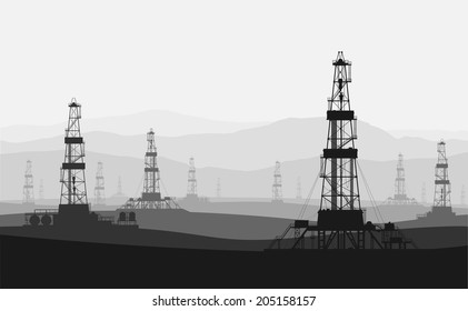 Oil rigs at large oilfield over mountain range. Detailed vector illustration.  