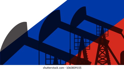 Oil rigs on the background of the Russian flag