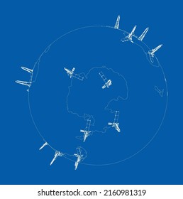 Oil rigs on Earth. Vector rendering of 3d. Wire-frame style