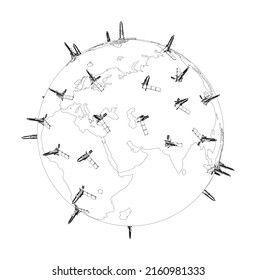 Oil rigs on Earth. Vector rendering of 3d. Wire-frame style